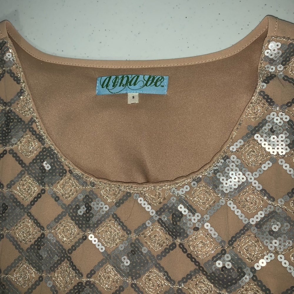Dina Be Beaded and Sequin Dress- Sz S. Formal Party Holiday. Tan/Gray.   EUC!